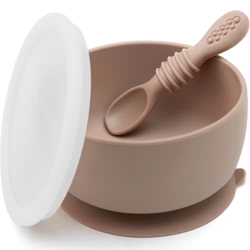 SAMiGO Silicone Baby Bowl and Spoon Set with Suction and Lid, First Stage Self Feeding Essentials, Food Bowl for 6+ Months