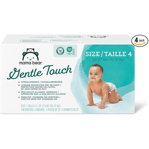 Amazon Brand - Mama Bear Gentle Touch Diapers, Hypoallergenic, Size 4, 148 Count, 4 Packs of 37, White - Size 4 (148 Count)
