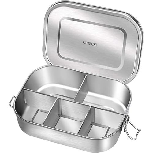 UPTRUST Stainless Steel Bento Lunch Food Box Container, 5-Compartment Large 1400ML Metal Bento Lunch Box Container for Kids or Adults with Lockable Clips to Leak Proof