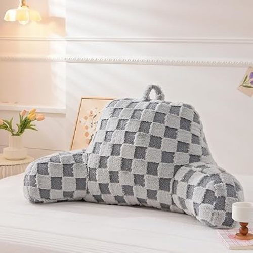 Holawakaka Checkered Reading Pillow with Arms, Adults Backrest Reading & Rest Pillows for Sitting Up in Bed, Bed Rest, Lounging, Working, Arms Back Support Cushion for Men Women Teens, Light Grey