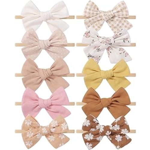 doboi 10PCS Baby Girls Headbands Hair Bows Nylon Linen Hairbands Handmade Hair Accessories for Newborn Infant Toddlers Little Girl and Kids 3.5Inches