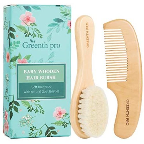 GREENTH PRO Baby Hair Bush and Comb Set -Nature Lotus Wood with Soft Goat Bristle and Pear Wood Comb for Newborns & Toddlers, Ideal for Cradle Cap