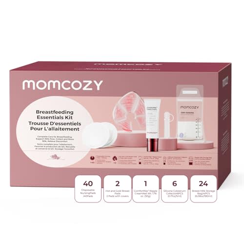 Momcozy 73-Piece Postpartum Essentials Kit for New Moms, Breastfeeding Essentials Set with Nursing Pads, Hot & Cold Breast Packs, Nipple Cream, Colostrum Collectors and Breastmilk Storage Bags
