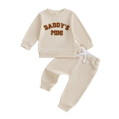 Kupretty Toddler Baby Boy Fall Winter Clothes Embroidery Waffle Knit Sweatshirt Pullover Tops + Casual Pants Outfit Set