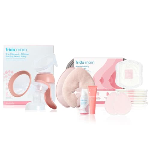 Frida Mom Breastfeeding Survival Kit and 2-in-1 Manual Breast Pump Bundle, 11pc Gift Set + Hands-Free Silicone Suction Cup Milk Collector and SoftFeel Flange for Breastfeeding