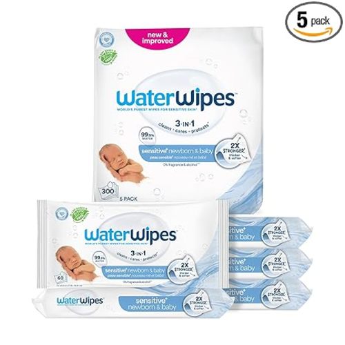 WaterWipes Sensitive+ Newborn & Baby Wipes, 3-In-1 Cleans, Cares, Protects, 99.9% Water, Unscented & Hypoallergenic, 300 Count (5 Packs)