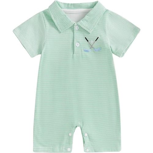 Baby Boy Summer Outfit Short Sleeve Embroidery Collared Romper Lapel Button Striped Bodysuit Jumpsuit Clothes