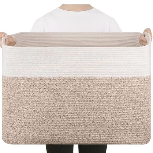Extra Large Blanket Basket, Toy Basket Bin for Kids, Cotton Rope Woven Storage Basket for Living Room, Nursery, Baby Room Decorative Organizer, 24''×16''×15'', Brown & White