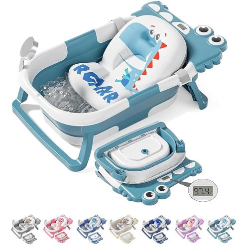 TPN Collapsible Baby Bathtub, Baby Bath Tub with Soft Cushion & Real-Time Thermometer, Baby Bathtub Infant to Toddler Tub (0-36 Months), Portable Travel Baby Tubs for Newborns (Blue)