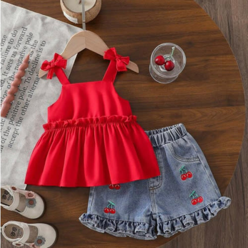 SHEIN Baby Girls Summer 2 Pieces Outfit, Red Suspender Top And Cherry Embroidered Denim Shorts, Suitable For Outings, Casual Home Wear, Light Sports, And Fun Party | SHEIN USA