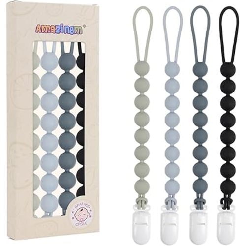 One Piece Design Silicone Pacifier Clip Holder for Baby Boys and Girls,Flexible Pacifier Leashes,Soft Teether Clip for Newborns,4-Pack. (Gray,Black)