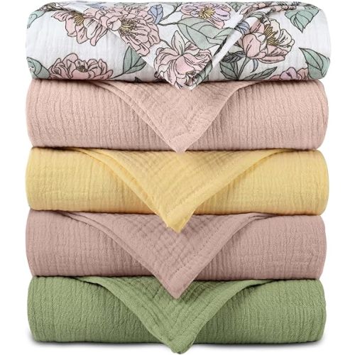 Muslin Receiving Blankets, Neutral Blanket Swaddling for Newborn Boys and Girls, 5 Pack Breathable and Skin-Friendly Swaddle Wrap for Infant Baby (Pink Flower)