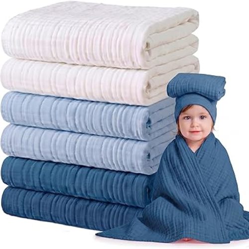 Chumia 6 Pack Baby Muslin Bath Towels Bulk 43.3 x 43.3 Inch 6 Layer Soft Cotton Swaddle Receiving Blankets Breathable Quick Dry for Newborn Infant Toddler, Baby Shower Registry Gifts(Blue and White)