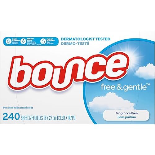 Bounce Free & Gentle Dryer Sheets, 240 Sheets, Unscented Fabric Softener Sheets, Hypoallergenic and Dermatologist Tested