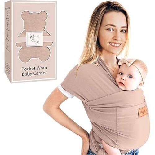 Baby Wrap Carrier - Premium Cotton Baby Carrier Wrap for Newborn to Toddler- Infant Carrier- Baby Holder One Size Fits All with Front Pocket(Beige) by Max&so