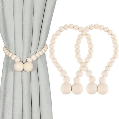 Magnetic Curtain Tiebacks, Curtain Tie Backs for Curtains 2 Pack, Wood Bead Curtain Tiebacks, Curtain Holders for Boho Bedroom Decor, Baby Nursery Decor, Farmhouse Decor