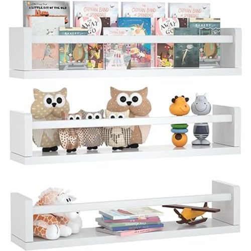 Nursery Floating Shelves for Kids Room, Wall Book Shelves for Kitchen Living Room, Book Shelf Wall Mounted for Baby Kids Bedoom Bathroom (White, 24inch Set 3)