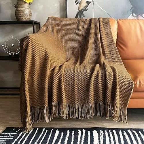 LOMAO Knitted Throw Blanket with Tassels Bubble Textured Soft Blanket Lightweight Warm Throws for Couch Cover Home Decor (Khaki, 50x60)