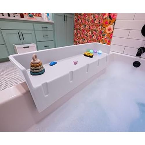 Tub Topper® Bathtub Splash Guard & Bath Shelf for Kids – Toddler Bath Tray, Bath Toys Storage & Ledge Organizer – Splash Guard for Bathtub with Suction Cups – Kids Bathroom Accessories (White)