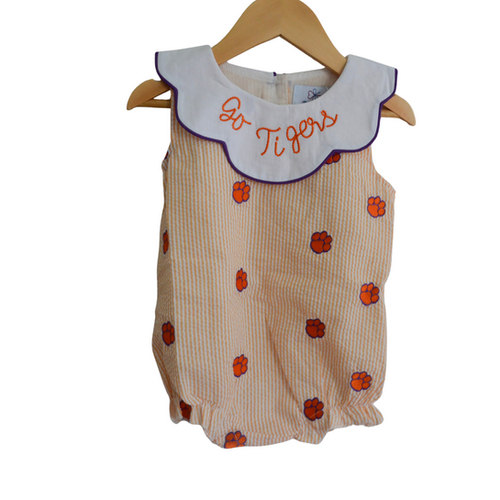 GO TIGERS Orange Seersucker Paw Embroidery Purple Collar Girl Bubble Clemson