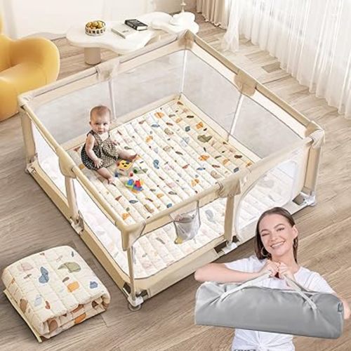 Baby Playpen with Mat, 50x50 Inch Playpens for Babies and Toddlers, Play Pen with Carrying Bag, Play Yard for Indoor and Outdoor with Visible Mesh(Beige Boho)