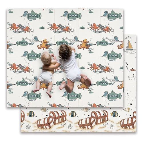 JumpOff Jo Baby Play Mat - Large Folding Foam Play Mat for Infants, Babies, Toddlers, Waterproof, Double-Sided (70" x 59") - Octopus Treasure
