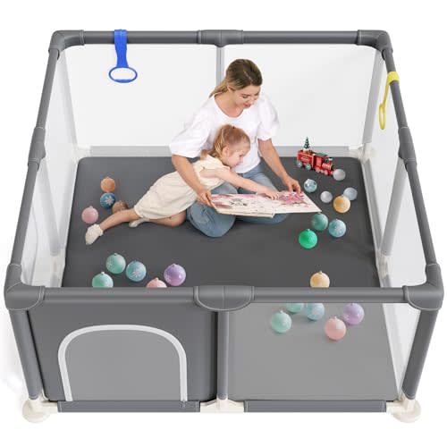 Dripex Baby Playpen, 48"×48" Play Pens for Babies and Toddlers, Safe Anti-Fall Play Yard with Gates, Baby Fence with Breathable Mesh, Indoor & Outdoor Kids Activity Center, Anchor Grey