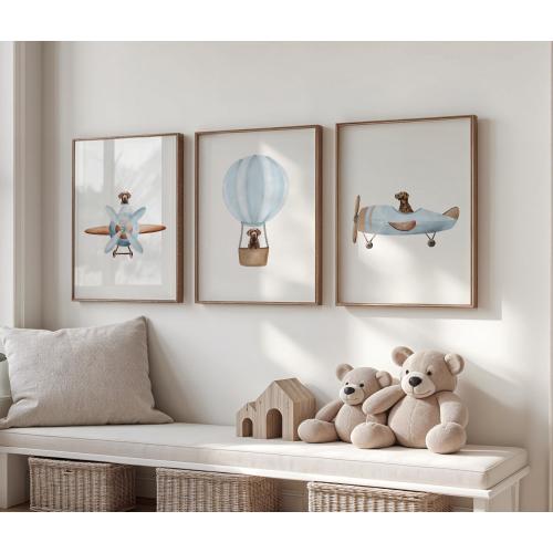 Chocolate Labrador Nursery Print Set of 3, Fun Dog Nursery Print Kids Room Decor, Unique Baby Blue Plane Hot Air Balloon Dog Wall Art
