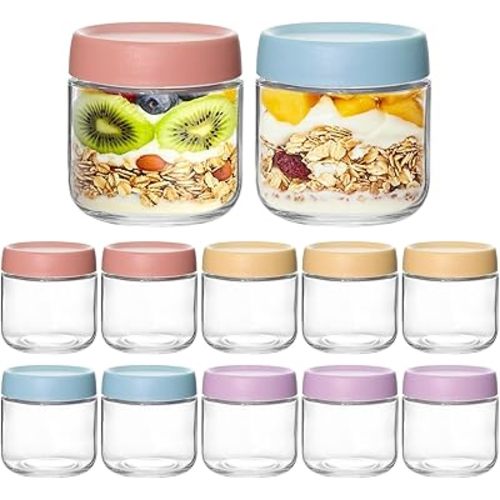 KEYWING 12-pack 10 oz Overnight Oats Containers with Lids, Glass jars with Airtight Lids, Wide mouth Mason Salad jars, Glass Food Storage Containers for Snacks Yogurt Spice Sugar