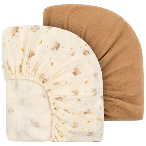 Yukkidds Muslin Crib Sheets for Boys Girls 100% Cotton Neutral Boho Baby Sheet 2 Pack Fitted for 52" x 28" Standard Crib & Toddler Mattress Soft Breathable Brown