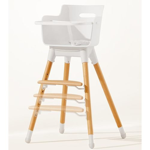 Baby High Chair, Wooden High Chairs for Babies and Toddlers with 7 Level Adjustable Footrest, Solid Beech Wood, Removable Tray, Non-Toxic Easy Cleaning High Chair for Babies Grows with Family
