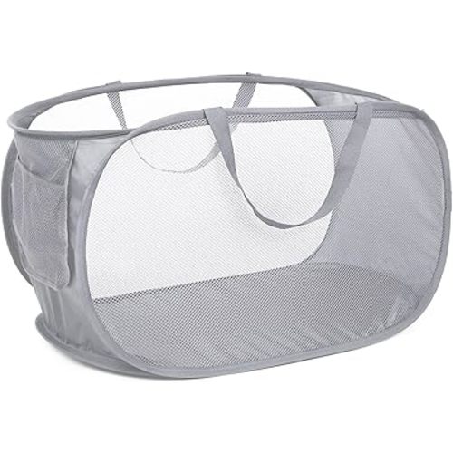 Durable Collapsible Laundry Baskets, Mesh Pop Up Laundry Hamper with Side Pocket, Foldable Clothes Storage Hamper with Reinforced Carry Handles for Laundry, Bathroom, Kids Room, Dorm or Travel Grey