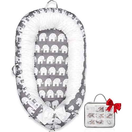 Baby Lounger, Ultra Soft 100% Cotton & Breathable Fiberfill Newborn Lounger, Portable Adjustable Infant Floor Seat for Travel, Newborn Must Have Essentials Baby Registry Search(Elephant)
