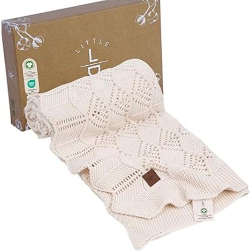 Emily 100% Organic Cotton Baby Knitted Blanket with Gift Box - Soft Toddler, Crib, Stroller Blanket - Neutral Swaddle and Receiving Blanket for Newborns, 30"x40", Earth Ivory