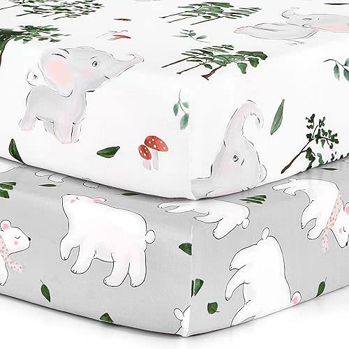 Pack n Play Sheets, BROLEX 2 Pack Mini Crib Sheets,Stretchy Portable Fitted Playard Sheet Set, Convertible Playard Mattress Cover,Ultra Soft Breathable Material,Elephants & Bears
