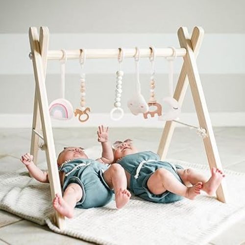 Mallify Wooden Baby Gym with 6 Gym Toys, Foldable Baby Play Gym, Natural Pine Wood Play Gym, Frame Activity Center Hanging Bar, Wooden Play Gym