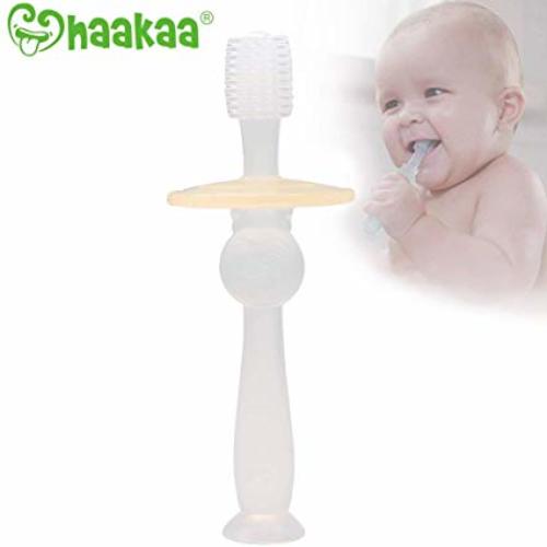 haakaa 360° Silicone Baby Toothbrush Teether with Suction Base Infant Toothbrush Training Massage Teether for Baby,1pc (Translucent) - Clear