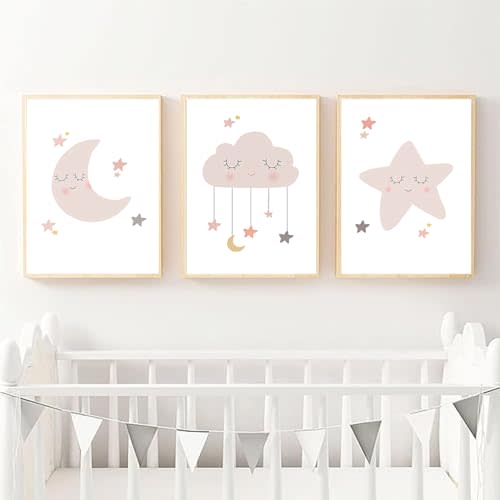 ZYRQART Nordic Moon Star Cloud Wall Art Poster Pink Girls Art Print poster Baby Nursery Canvas wall art Modern Pictures Kids Room Decor No Frame(16X24 Inch Unframed)