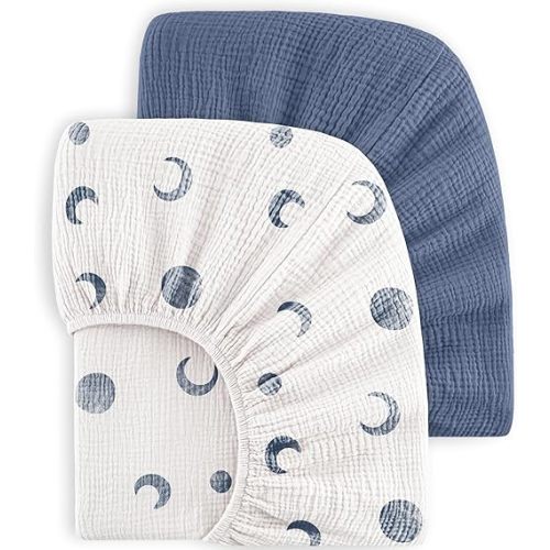 Bearmoss Muslin Crib Sheets 100% Cotton Baby Crib Sheets Soft&Breathable Nursery Sheet 52"x28" for Standard Crib Mattress&Toddler Bed Mattress - 2 Pack (Blue Crescent)