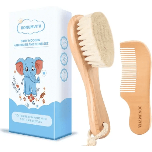 Baby Hair Brush and Comb Set, Wooden Baby Hair brush with Soft Goat Bristle and Wood Comb for Newborn Essentials, Good for Cradle Cap