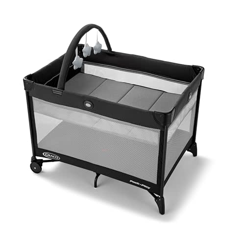 Graco On The Go Zip Pack ‘n Play Playard, Folding Playpen with Bassinet, Portable Crib, Reeves