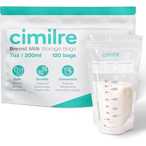 Breast Milk Storage Bags by Cimilre, Leak-Proof Breastmilk Storage Bags, Freeze Flat or Standing, 7 oz. Bags (120 Pack)