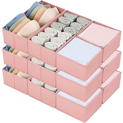 DIMJ Drawer Organizers - Set of 12 Fabric Closet Organizers and Storage, Drawer Dividers for Baby Clothes, Socks, Belt, Tie (Pink)
