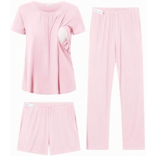 DIKFA 3 Pcs Women Maternity Nursing Pajamas Set Short Sleeve Breastfeeding Shirts Pjs Pregnancy Shorts & Pants Sleepwear