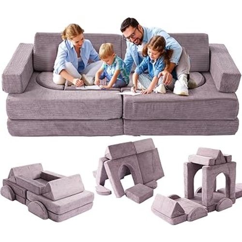 Modular Kids Play Couch, 14PCS Nugget Couch Toddler Building Fort, Versatile 500+DIY Creativing Playroom Bedroom Furniture for Playing, Creativing, Convertible Kids Sofa for Boys and Girls (Purple)