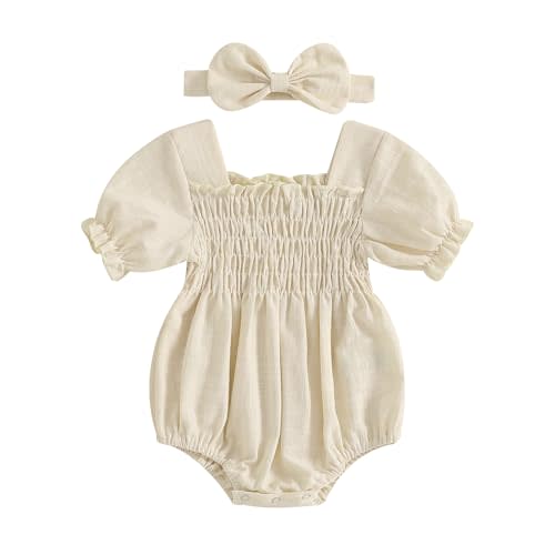MERSARIPHY Baby Summer Clothes Newborn Infant Girl Smocked Pleated Romper Bubble Short Sleeve Bodysuit Outfits