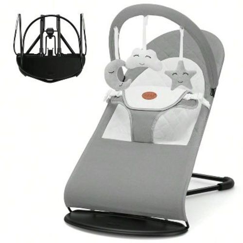HKAI Baby Rocker Chair with 3 Modes, Rocker and Stationary Options, Infant Chair with Hanging Toys, Baby Bouncer, Light Grey