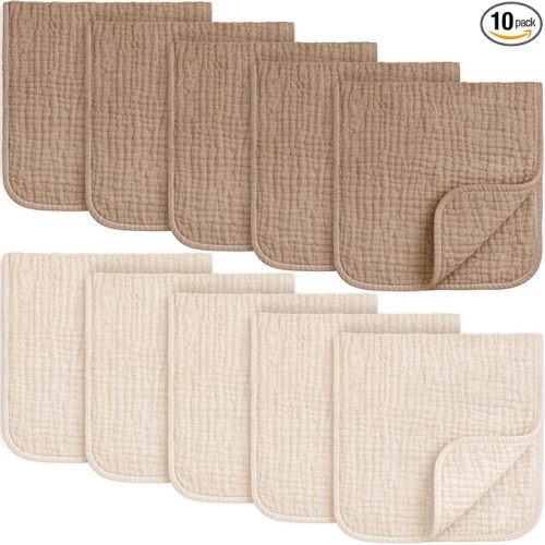 KeaBabies Organic Muslin Burp Cloths Baby Boy, Girl – 10-Pack 100% Cotton Muslin Burping Cloths for Babies, Newborn, 21x10 Large & Absorbent Spit Up Rags, Baby Washcloth, Infant Towels (Ecru)