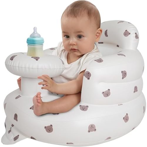 Zenflux Inflatable Baby Chairs with Tray for Babies 3 Months and Up, Sit Me Up Floor Seats for Sitting Up, Built in Air Pump Baby Seats for Kids, Blow Up Baby Chair with Back Support - Cute Bear