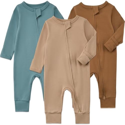 Aablexema 3-Pack Organic Cotton Baby Footless Pajamas with Mitten Cuffs, 2-Way Zipper Infant Romper Outfit